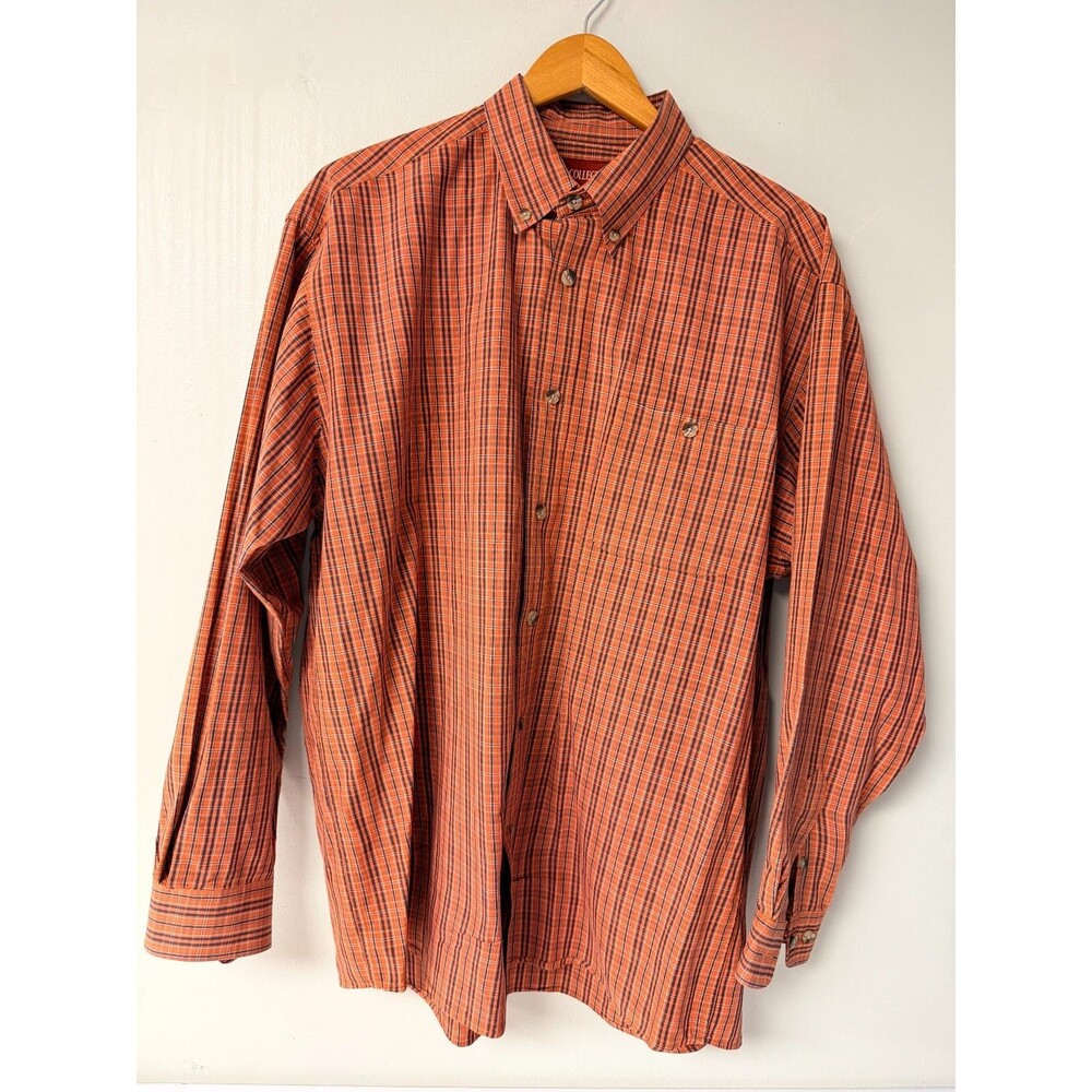 Old College Inn Men's Large Orange Blue Plaid Cotton Long Sleeve Button Shirt